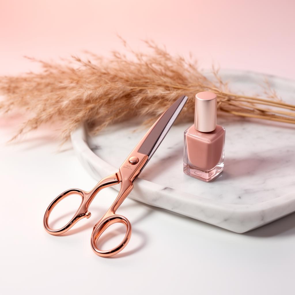 Estúdio de manicure com esmalte rosé, tesoura rose gold e mármore